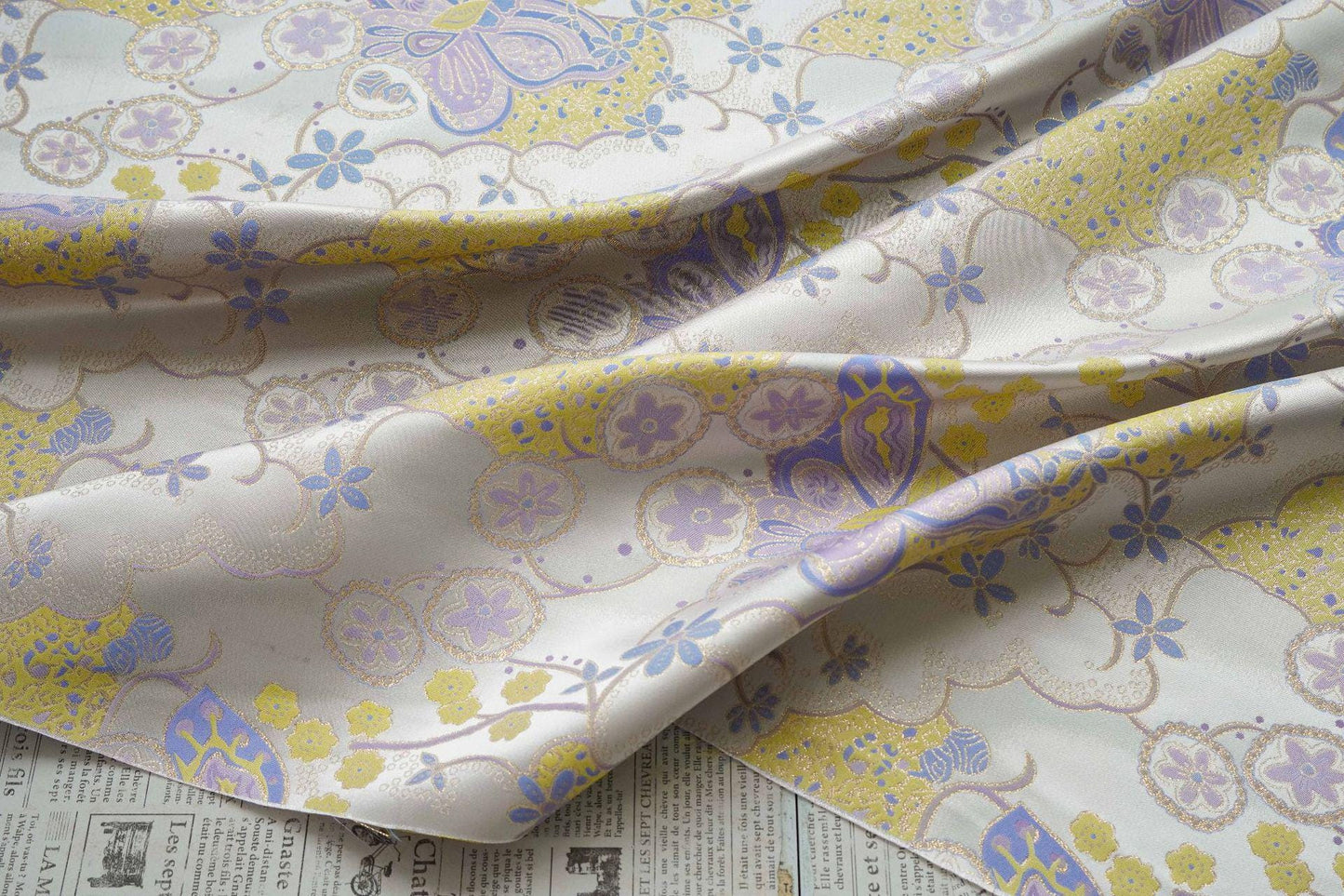 Butterfly Floral Jacquard Fabric Yellow Purple | Gold Thread Brocade | 64" Wide | Vintage Hanfu Dress Cosplay