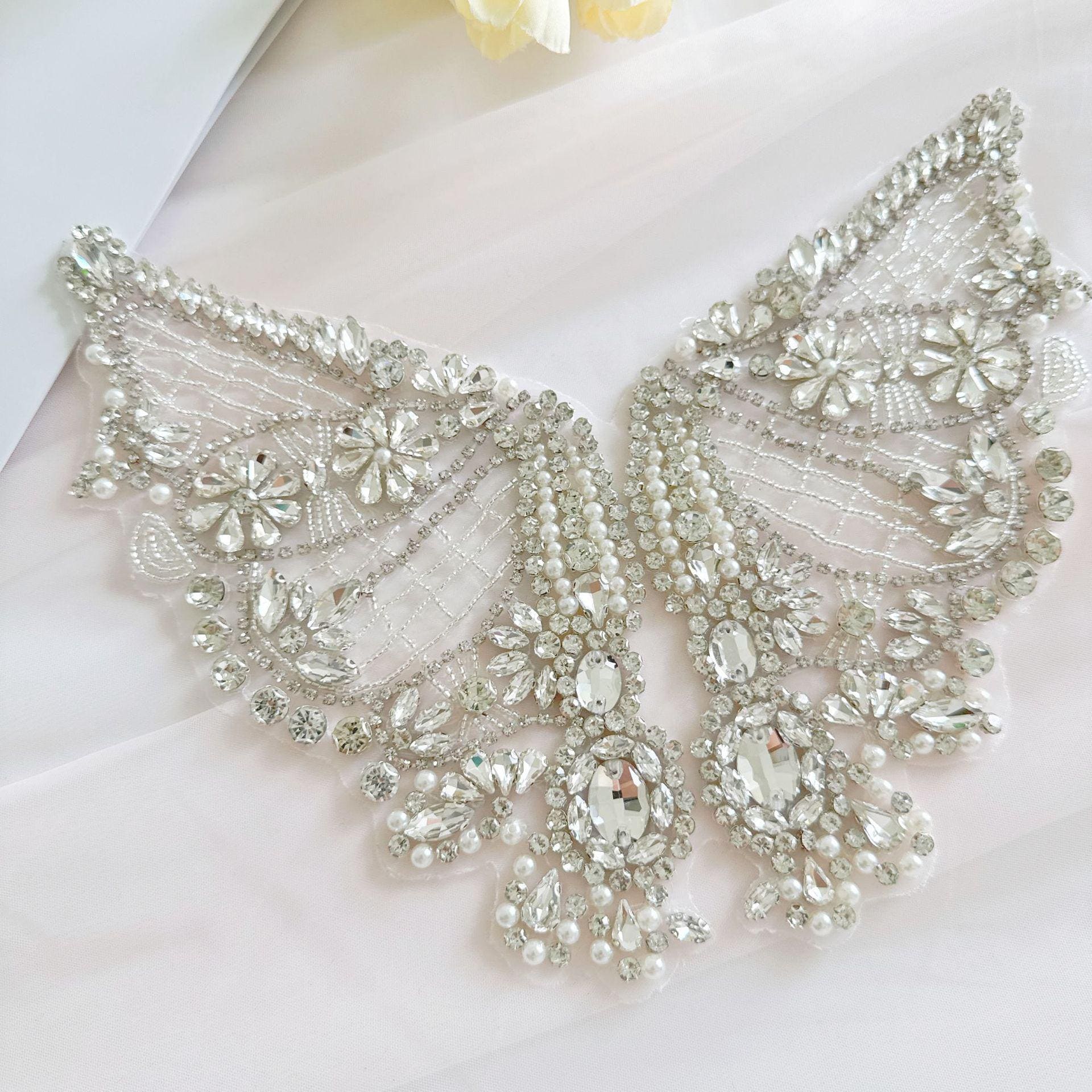 Silver Butterfly Rhinestone Applique | Handmade Crystal Beaded Patch | Bridal Wedding Dress Embellishment Costume Decoration - Poppylollipop