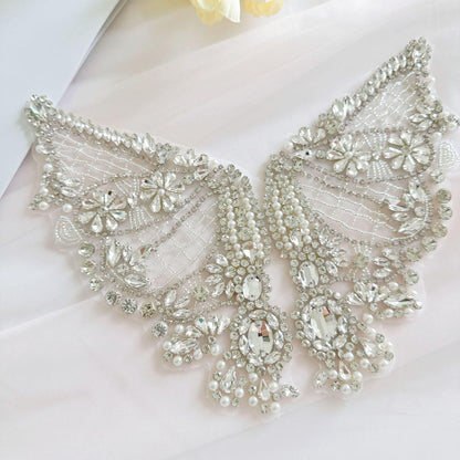 Silver Butterfly Rhinestone Applique | Handmade Crystal Beaded Patch | Bridal Wedding Dress Embellishment Costume Decoration - Poppylollipop
