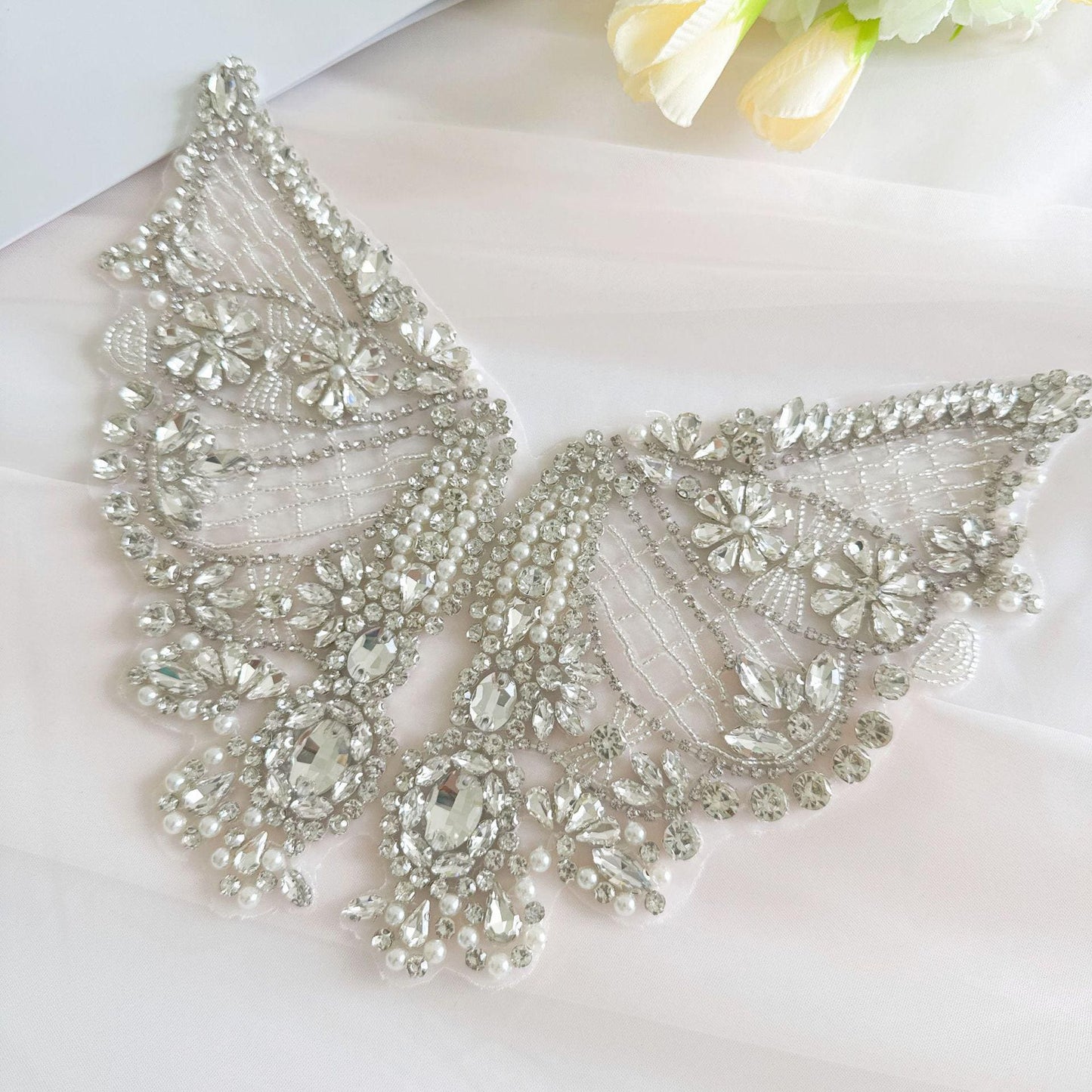 Silver Butterfly Rhinestone Applique | Handmade Crystal Beaded Patch | Bridal Wedding Dress Embellishment Costume Decoration - Poppylollipop