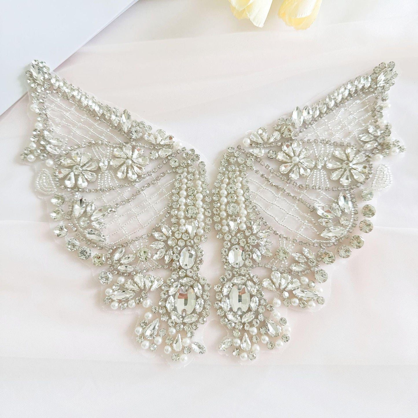 Silver Butterfly Rhinestone Applique | Handmade Crystal Beaded Patch | Bridal Wedding Dress Embellishment Costume Decoration - Poppylollipop