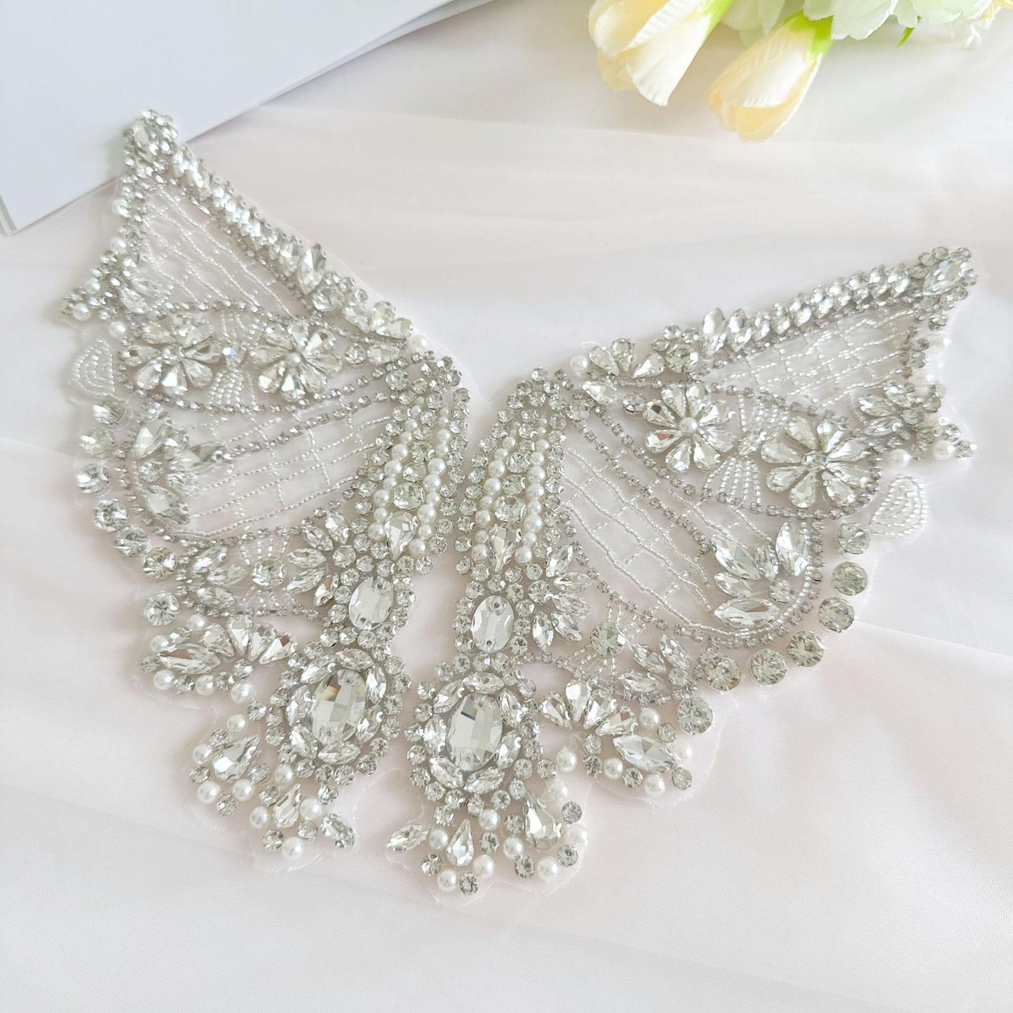 Silver Butterfly Rhinestone Applique | Handmade Crystal Beaded Patch | Bridal Wedding Dress Embellishment Costume Decoration - Poppylollipop