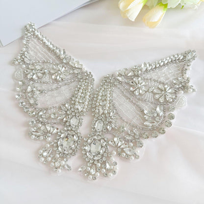 Silver Butterfly Rhinestone Applique | Handmade Crystal Beaded Patch | Bridal Wedding Dress Embellishment Costume Decoration - Poppylollipop