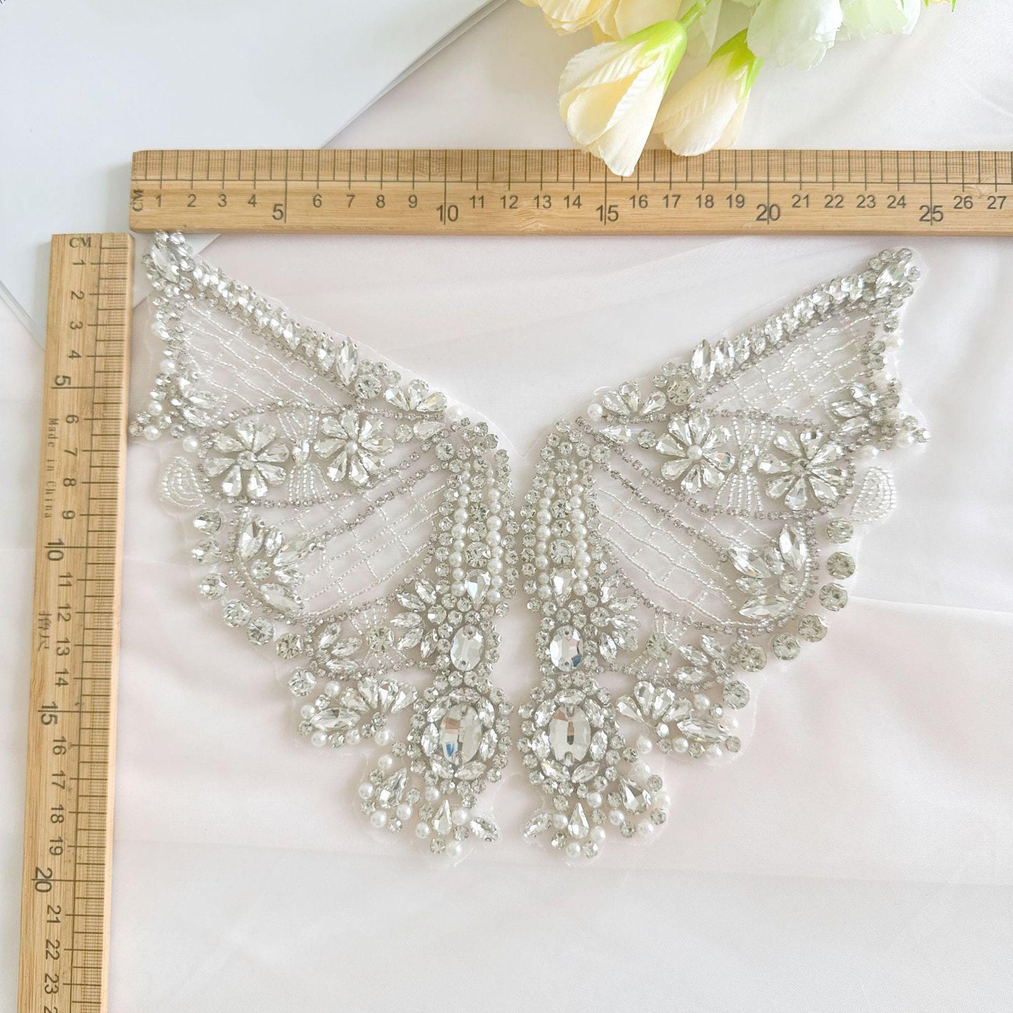 Silver Butterfly Rhinestone Applique | Handmade Crystal Beaded Patch | Bridal Wedding Dress Embellishment Costume Decoration - Poppylollipop