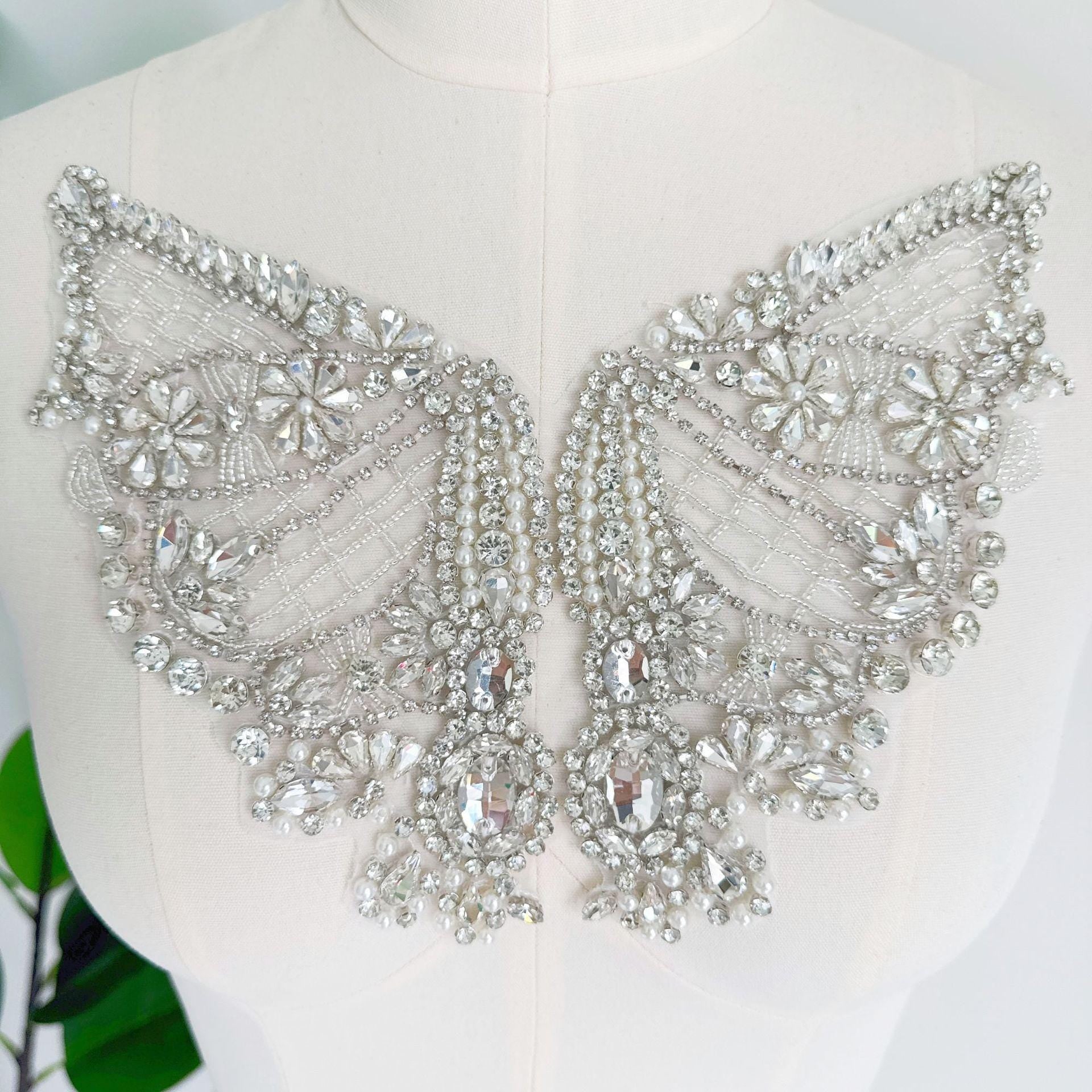 Silver Butterfly Rhinestone Applique | Handmade Crystal Beaded Patch | Bridal Wedding Dress Embellishment Costume Decoration