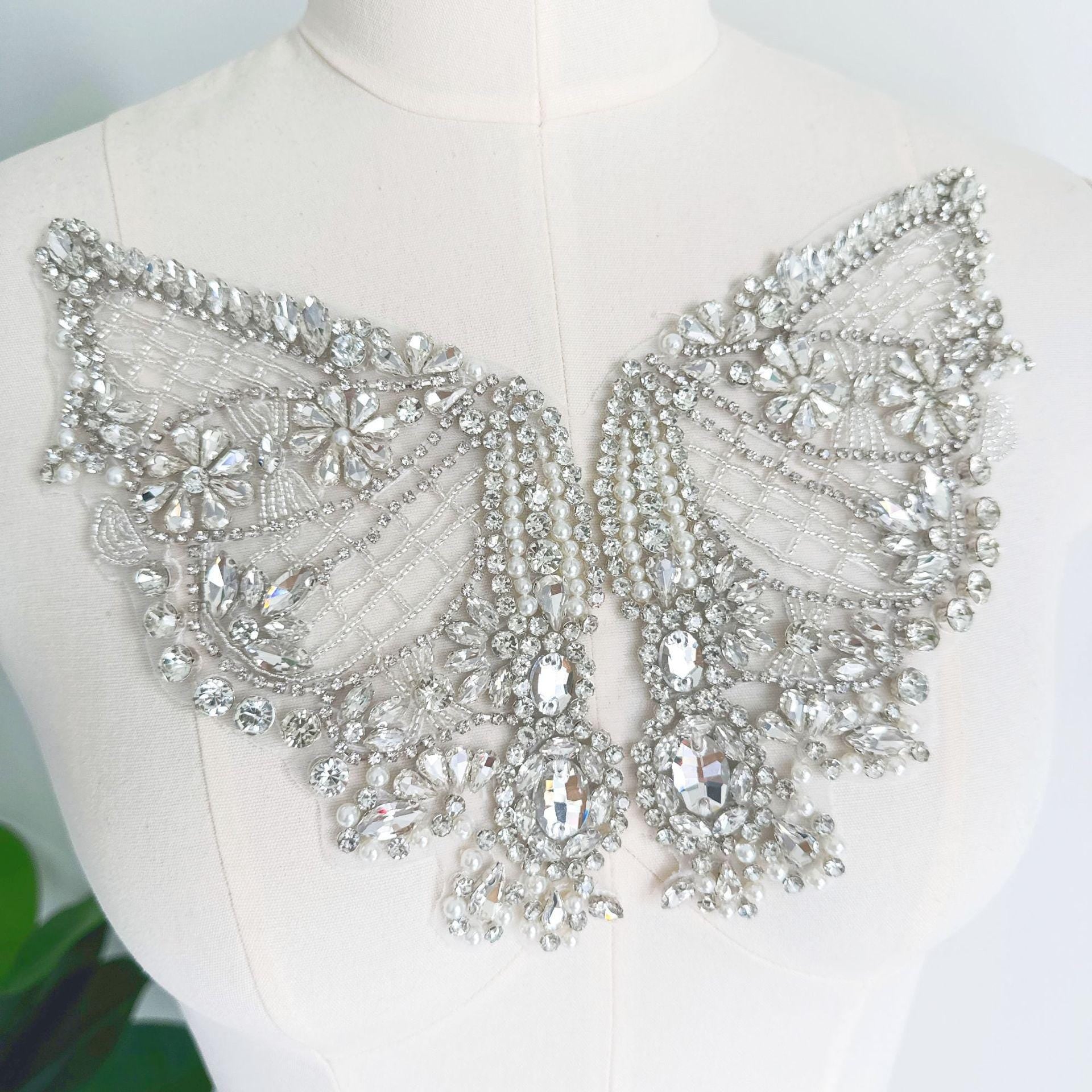 Silver Butterfly Rhinestone Applique | Handmade Crystal Beaded Patch | Bridal Wedding Dress Embellishment Costume Decoration - Poppylollipop
