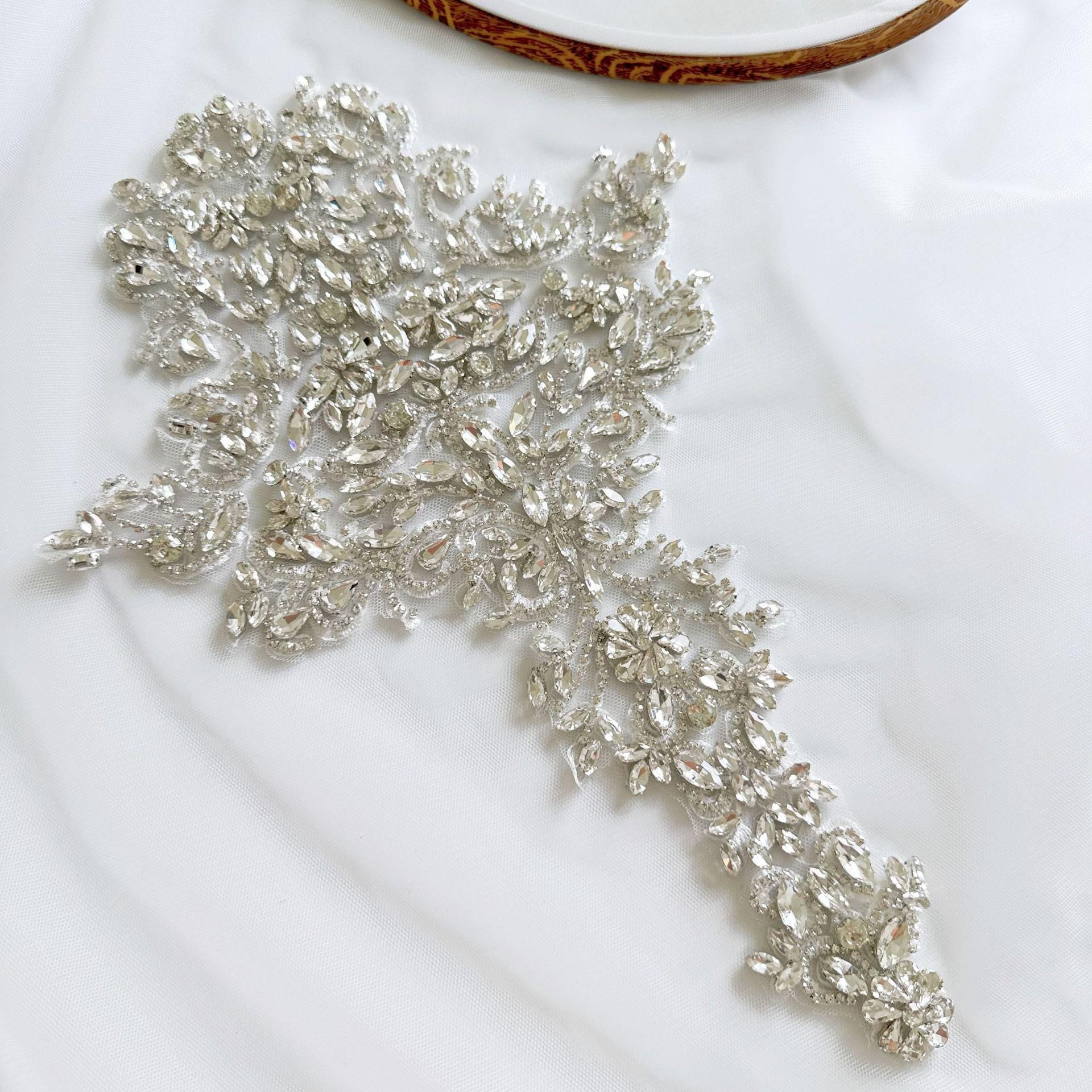 White Flower Rhinestone Applique | Crystal Beaded Floral Patch | Bridal Wedding Dress Dance Costume DIY Embellishment - Poppylollipop