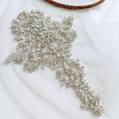 White Flower Rhinestone Applique | Crystal Beaded Floral Patch | Bridal Wedding Dress Dance Costume DIY Embellishment - Poppylollipop