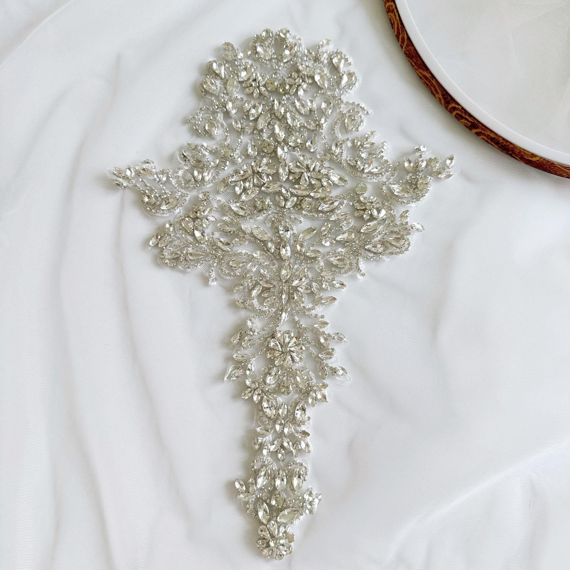 White Flower Rhinestone Applique | Crystal Beaded Floral Patch | Bridal Wedding Dress Dance Costume DIY Embellishment - Poppylollipop
