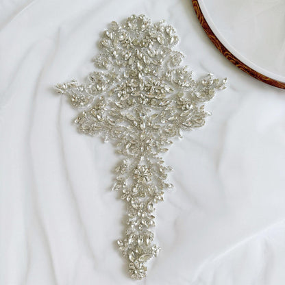 White Flower Rhinestone Applique | Crystal Beaded Floral Patch | Bridal Wedding Dress Dance Costume DIY Embellishment - Poppylollipop