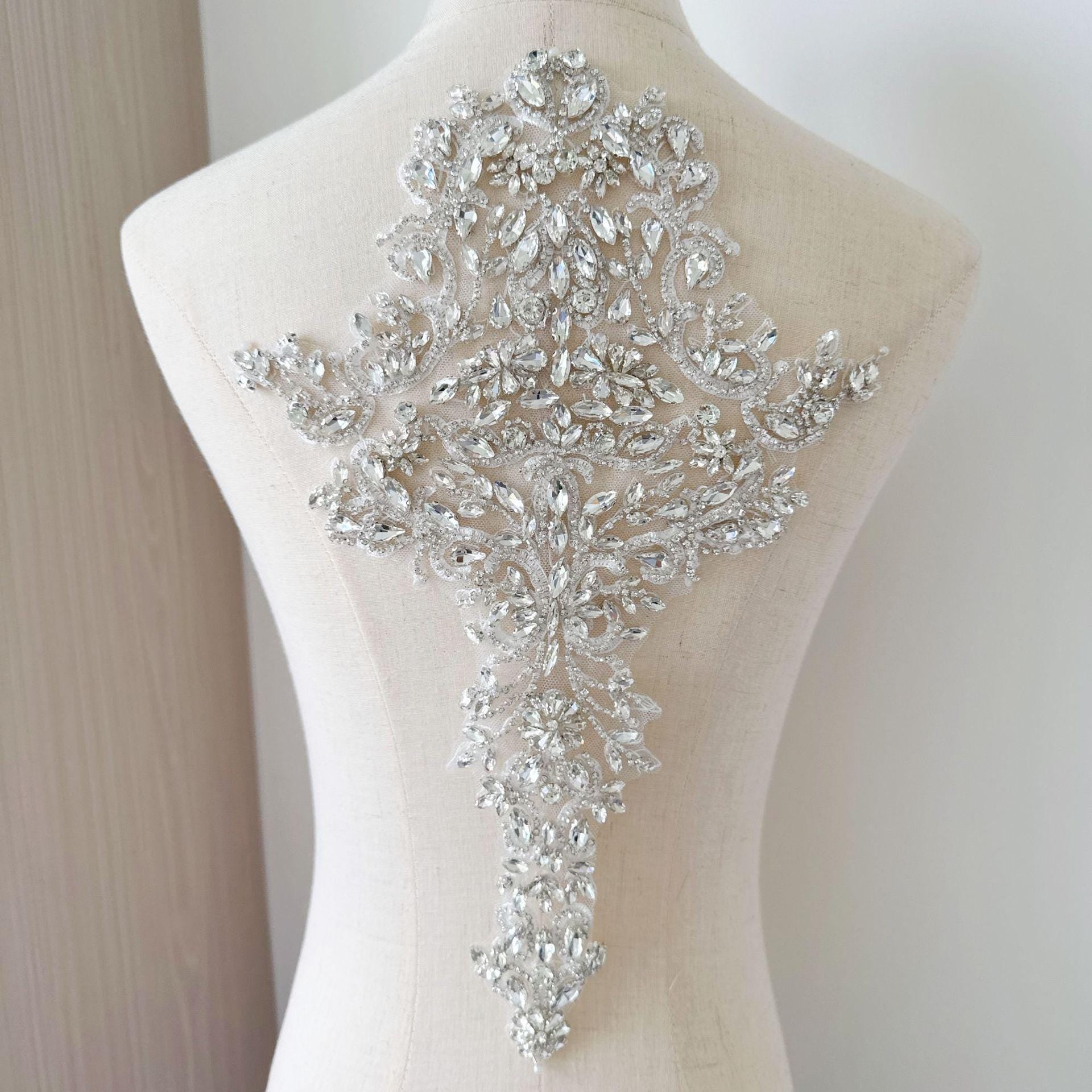 White Flower Rhinestone Applique | Crystal Beaded Floral Patch | Bridal Wedding Dress Dance Costume DIY Embellishment - Poppylollipop