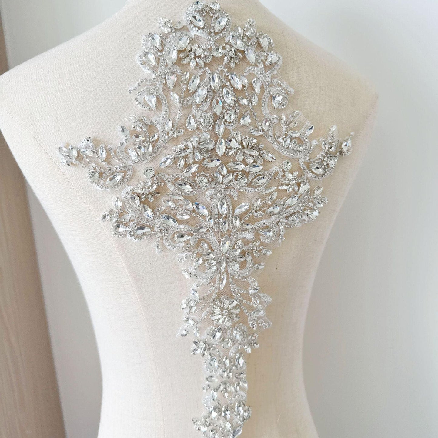 White Flower Rhinestone Applique | Crystal Beaded Floral Patch | Bridal Wedding Dress Dance Costume DIY Embellishment