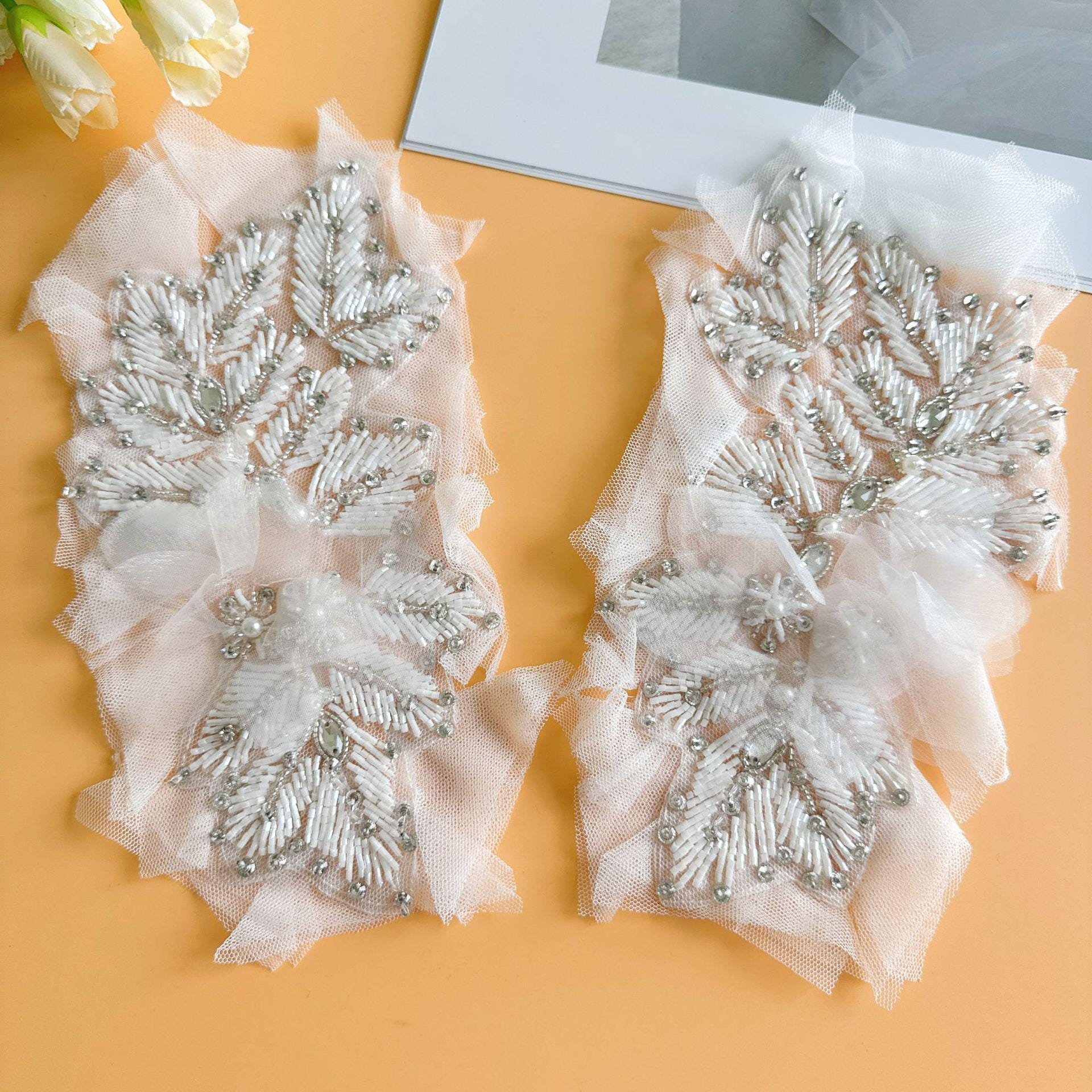 Silver Rhinestone Applique Pair | Handmade Crystal Beaded Patches | Bridal Wedding Dance Costume Stage Wear DIY - Poppylollipop