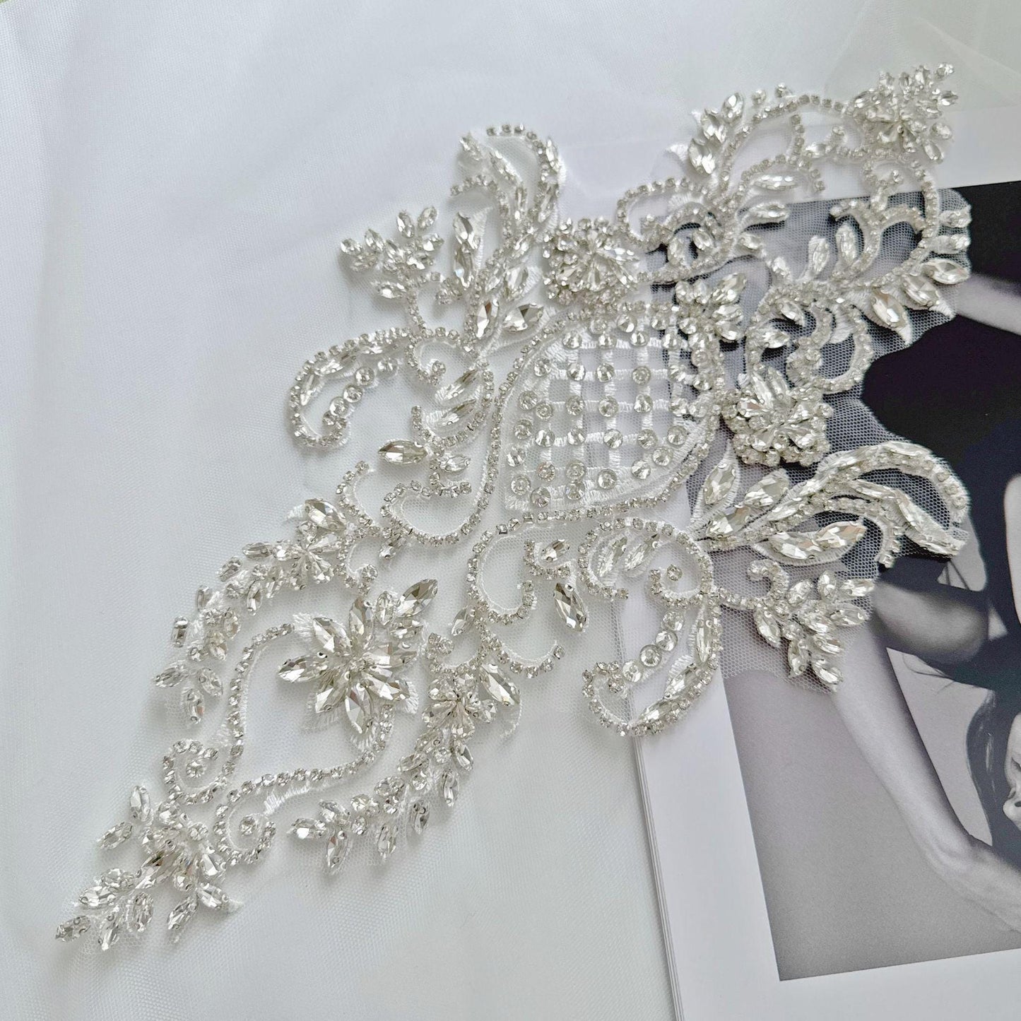 Silver Rhinestone Applique Patch | Handmade Crystal Beaded Embellishment | Bridal Dance Dress DIY Costume Accessory - Poppylollipop