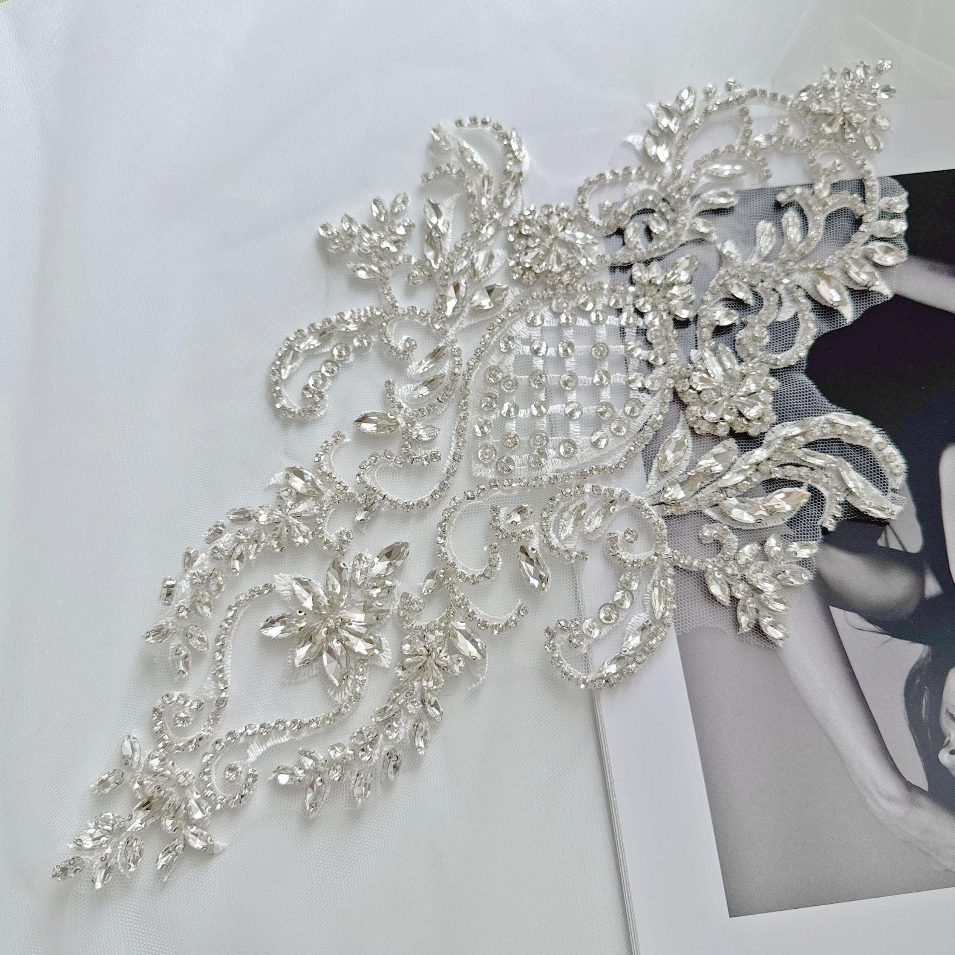 Silver Rhinestone Applique Patch | Handmade Crystal Beaded Embellishment | Bridal Dance Dress DIY Costume Accessory - Poppylollipop