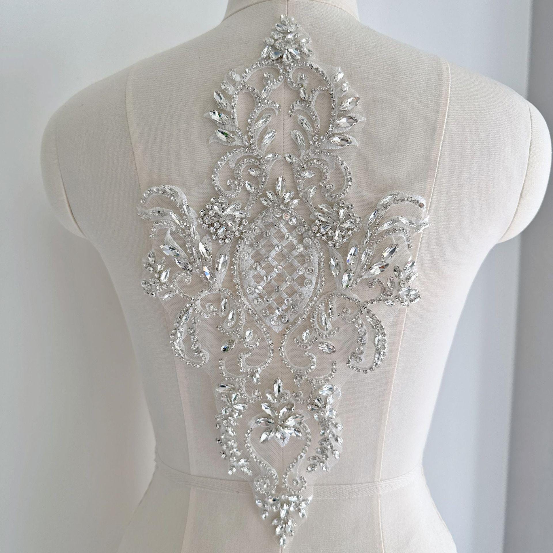 Silver Rhinestone Applique Patch | Handmade Crystal Beaded Embellishment | Bridal Dance Dress DIY Costume Accessory - Poppylollipop
