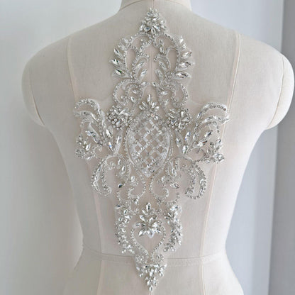 Silver Rhinestone Applique Patch | Handmade Crystal Beaded Embellishment | Bridal Dance Dress DIY Costume Accessory - Poppylollipop