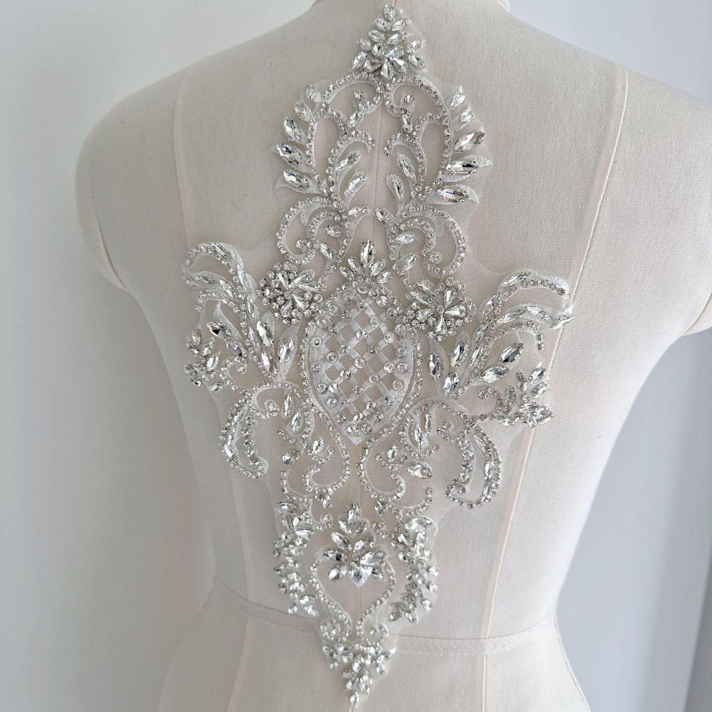 Silver Rhinestone Applique Patch | Handmade Crystal Beaded Embellishment | Bridal Dance Dress DIY Costume Accessory - Poppylollipop