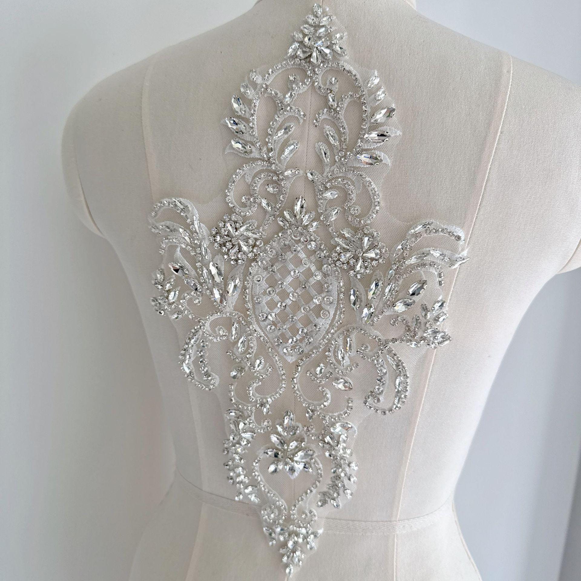 Silver Rhinestone Applique Patch | Handmade Crystal Beaded Embellishment | Bridal Dance Dress DIY Costume Accessory - Poppylollipop