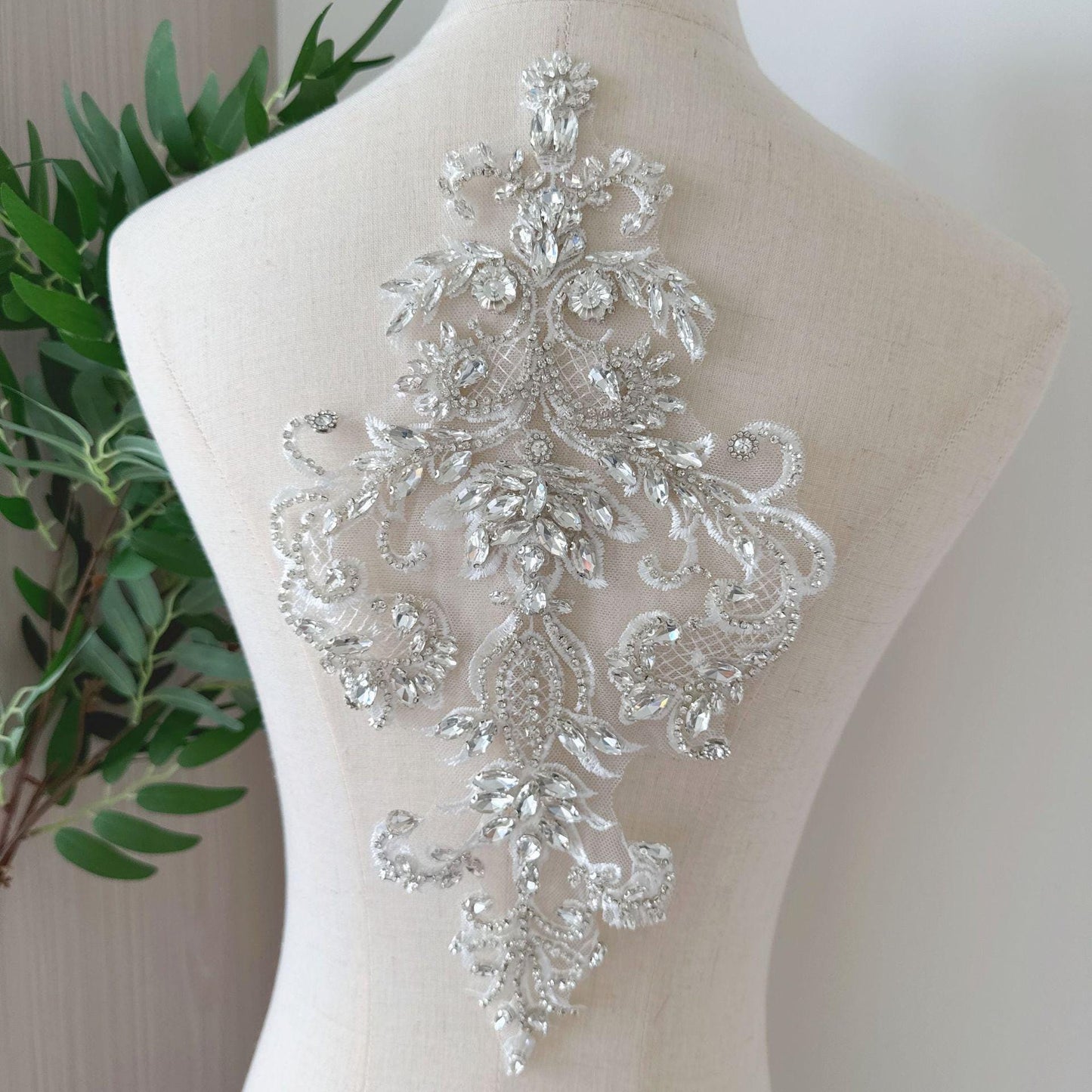 Silver Geometric Floral Rhinestone Applique | Handmade Crystal Beaded Patch | Bridal Bodice Waist Back Wedding DIY - Poppylollipop