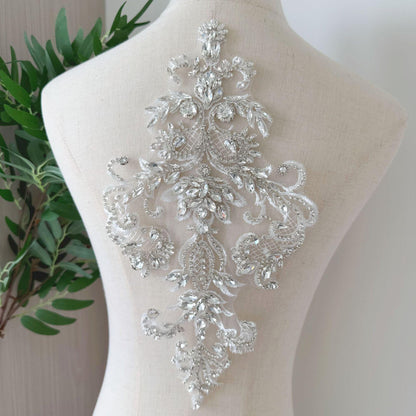 Silver Geometric Floral Rhinestone Applique | Handmade Crystal Beaded Patch | Bridal Bodice Waist Back Wedding DIY - Poppylollipop