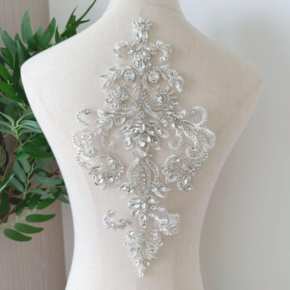 Silver Geometric Floral Rhinestone Applique | Handmade Crystal Beaded Patch | Bridal Bodice Waist Back Wedding DIY - Poppylollipop