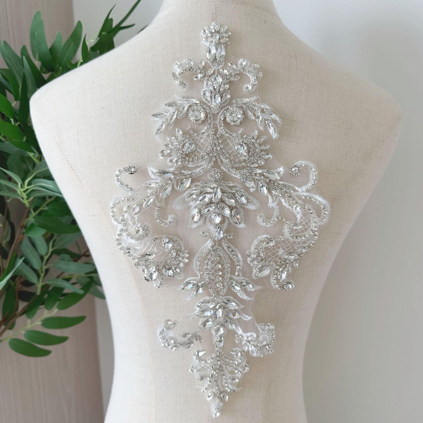 Silver Geometric Floral Rhinestone Applique | Handmade Crystal Beaded Patch | Bridal Bodice Waist Back Wedding DIY - Poppylollipop