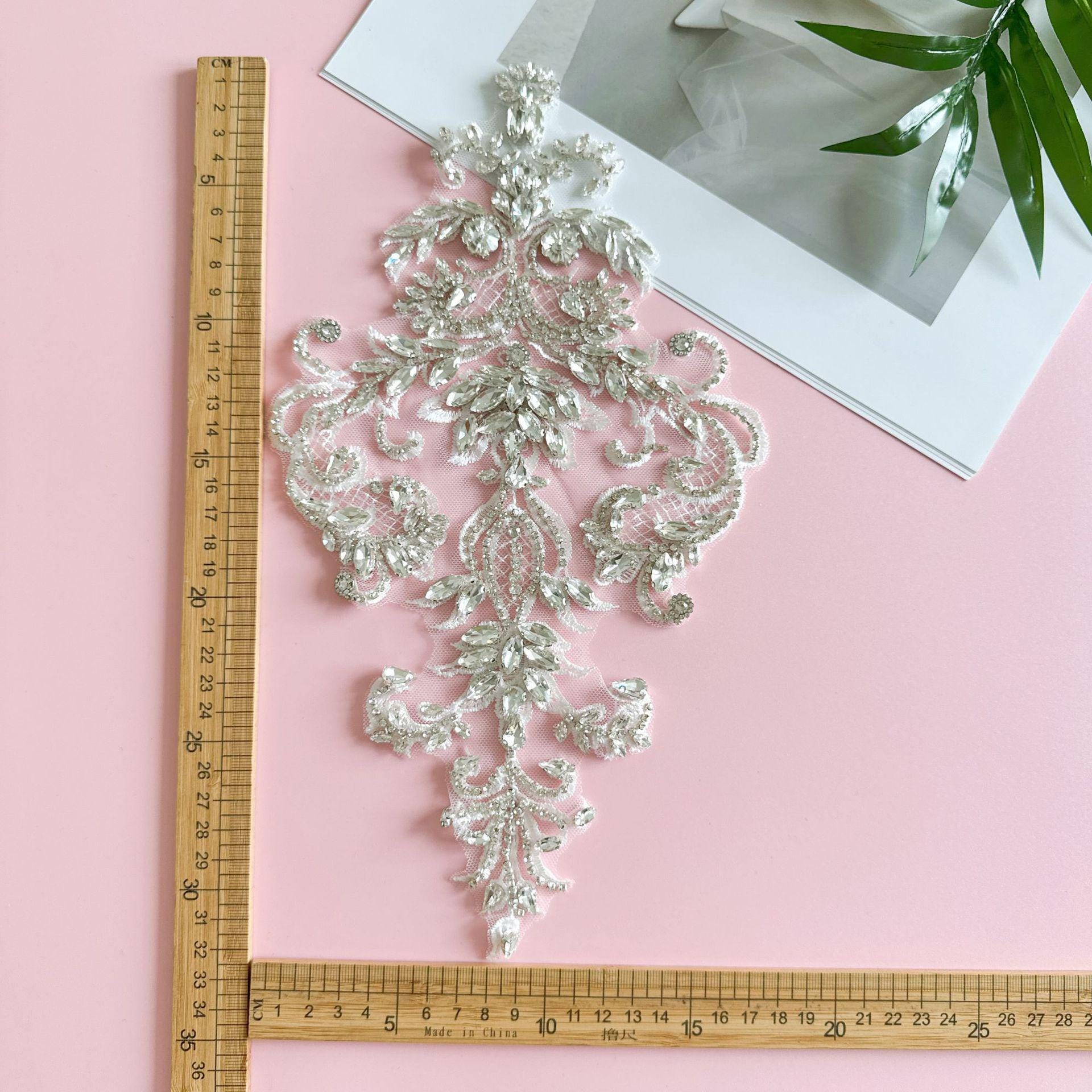 Silver Geometric Floral Rhinestone Applique | Handmade Crystal Beaded Patch | Bridal Bodice Waist Back Wedding DIY - Poppylollipop