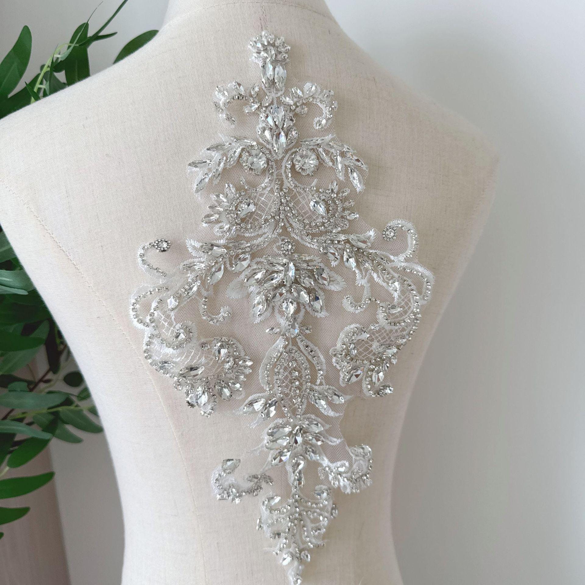Silver Geometric Floral Rhinestone Applique | Handmade Crystal Beaded Patch | Bridal Bodice Waist Back Wedding DIY - Poppylollipop