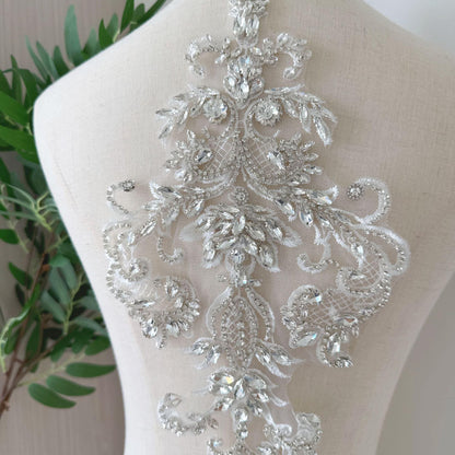 Silver Geometric Floral Rhinestone Applique | Handmade Crystal Beaded Patch | Bridal Bodice Waist Back Wedding DIY - Poppylollipop