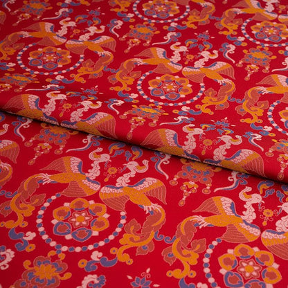 Red Song Brocade Fabric Double Bird Jacquard Satin Ethnic Tibetan Mongolian Traditional Silk Damask Costume Upholstery Fabric Luxury Textile - Poppylollipop