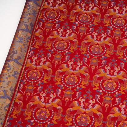 Red Song Brocade Fabric Double Bird Jacquard Satin Ethnic Tibetan Mongolian Traditional Silk Damask Costume Upholstery Fabric Luxury Textile - Poppylollipop