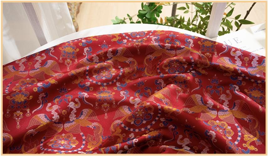 Red Song Brocade Fabric Double Bird Jacquard Satin Ethnic Tibetan Mongolian Traditional Silk Damask Costume Upholstery Fabric Luxury Textile - Poppylollipop