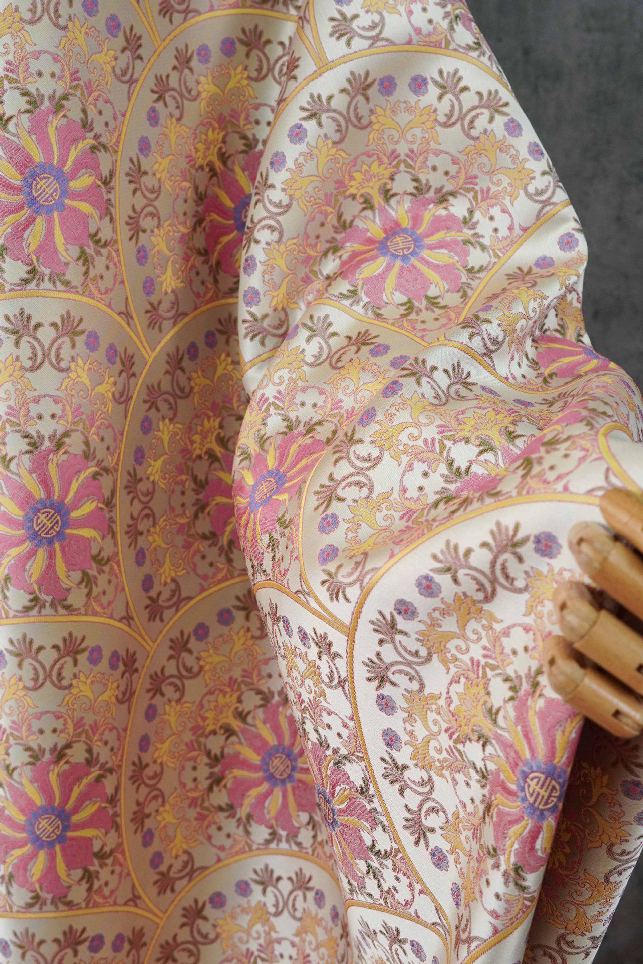 Song Brocade Fabric Double Sided | Fan Floral Jacquard | Multicolor | 65" Wide | Chinese Vintage Hanfu Home Decor - Poppylollipop