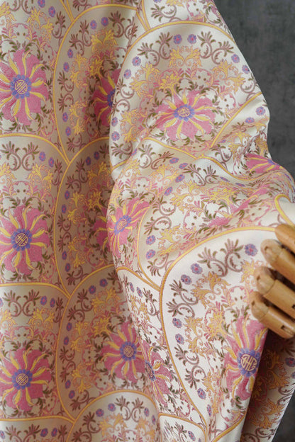Song Brocade Fabric Double Sided | Fan Floral Jacquard | Multicolor | 65" Wide | Chinese Vintage Hanfu Home Decor - Poppylollipop