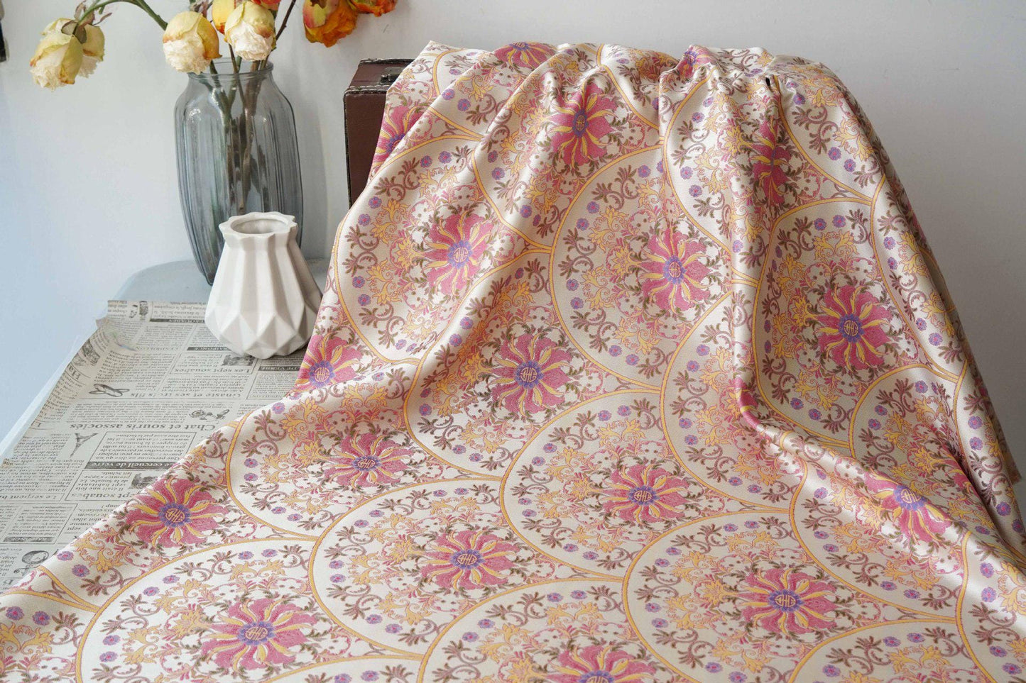 Song Brocade Fabric Double Sided | Fan Floral Jacquard | Multicolor | 65" Wide | Chinese Vintage Hanfu Home Decor - Poppylollipop