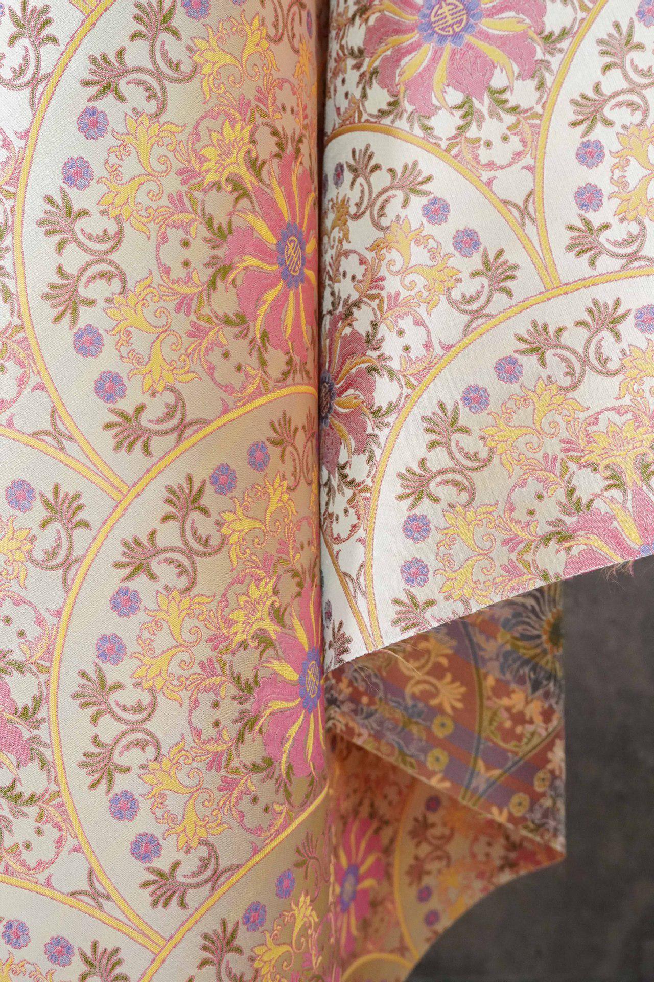 Song Brocade Fabric Double Sided | Fan Floral Jacquard | Multicolor | 65" Wide | Chinese Vintage Hanfu Home Decor - Poppylollipop