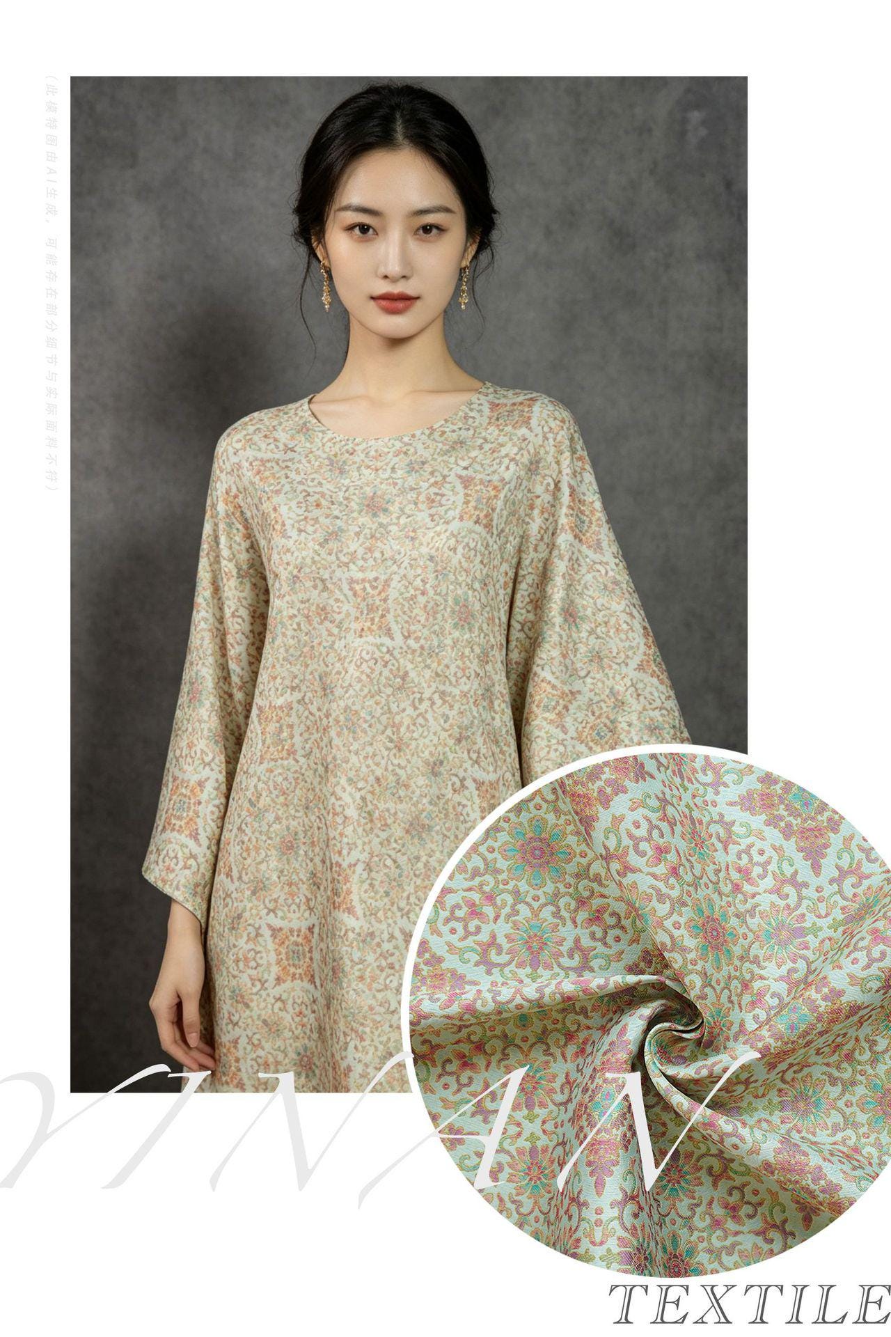 Dunhuang Floral Jacquard Fabric Gold Thread | Scrolling Vine Brocade | Double Sided | 58" Wide | Chinese Decor Hanfu - Poppylollipop