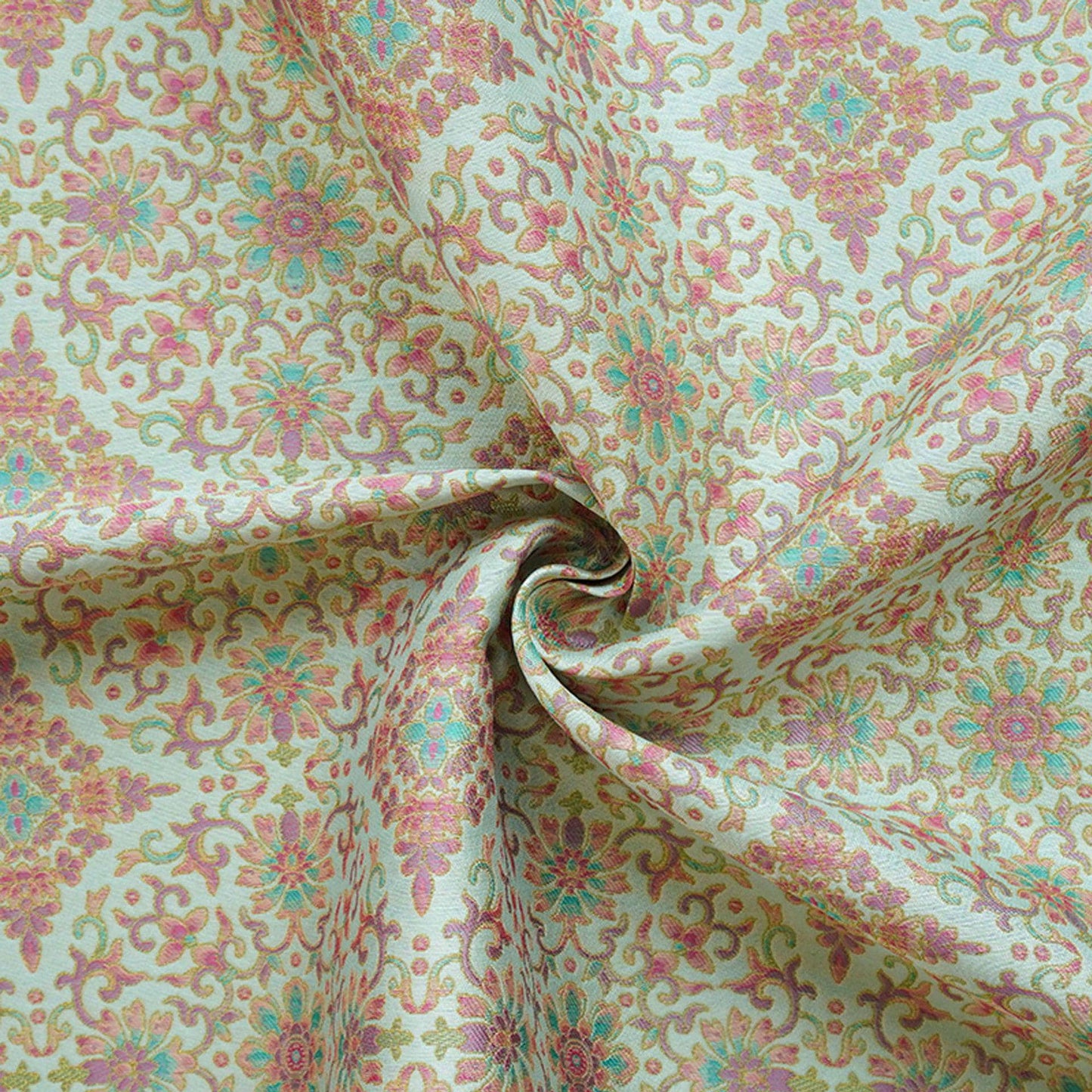 Dunhuang Floral Jacquard Fabric Gold Thread | Scrolling Vine Brocade | Double Sided | 58" Wide | Chinese Decor Hanfu - Poppylollipop