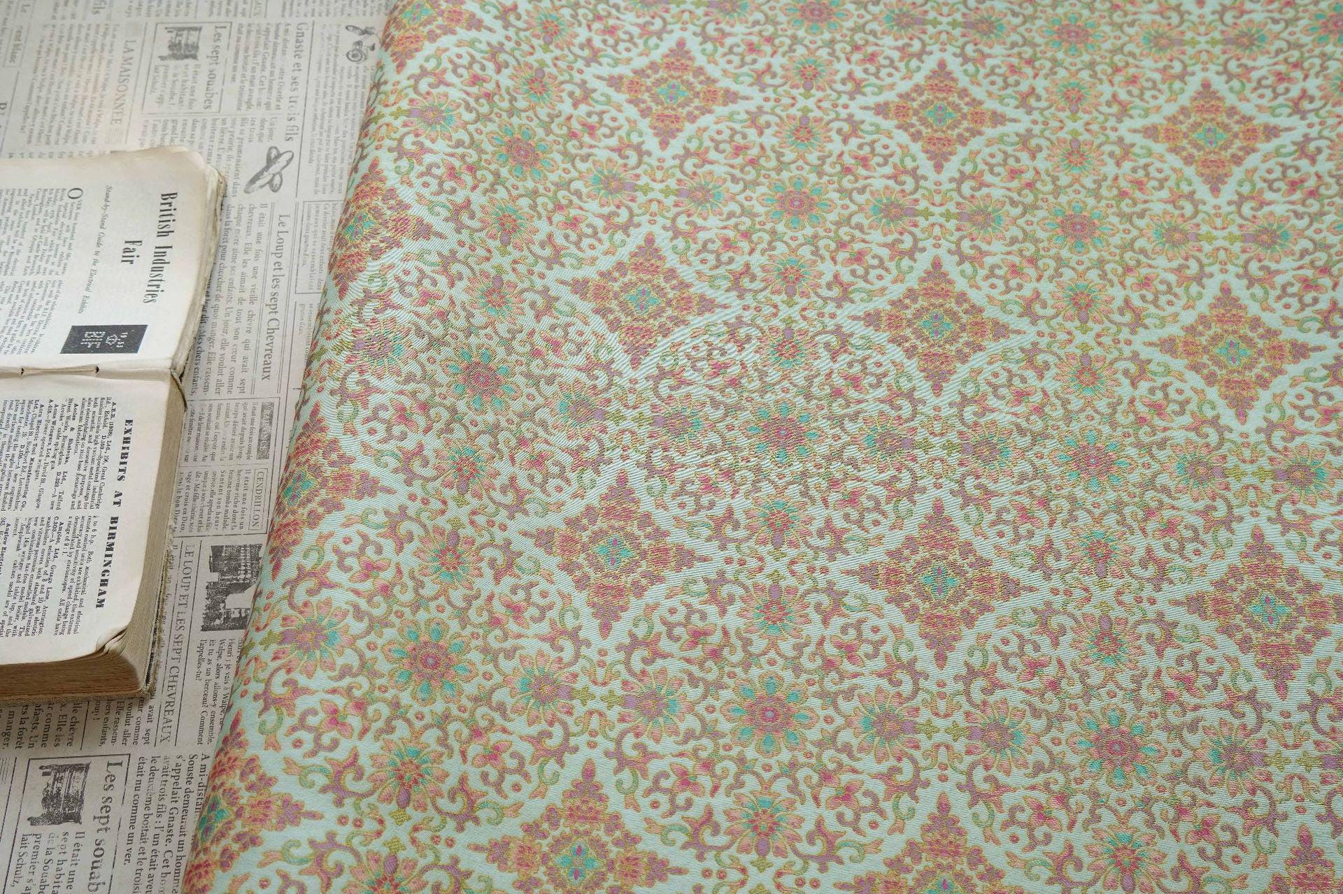 Dunhuang Floral Jacquard Fabric Gold Thread | Scrolling Vine Brocade | Double Sided | 58" Wide | Chinese Decor Hanfu - Poppylollipop