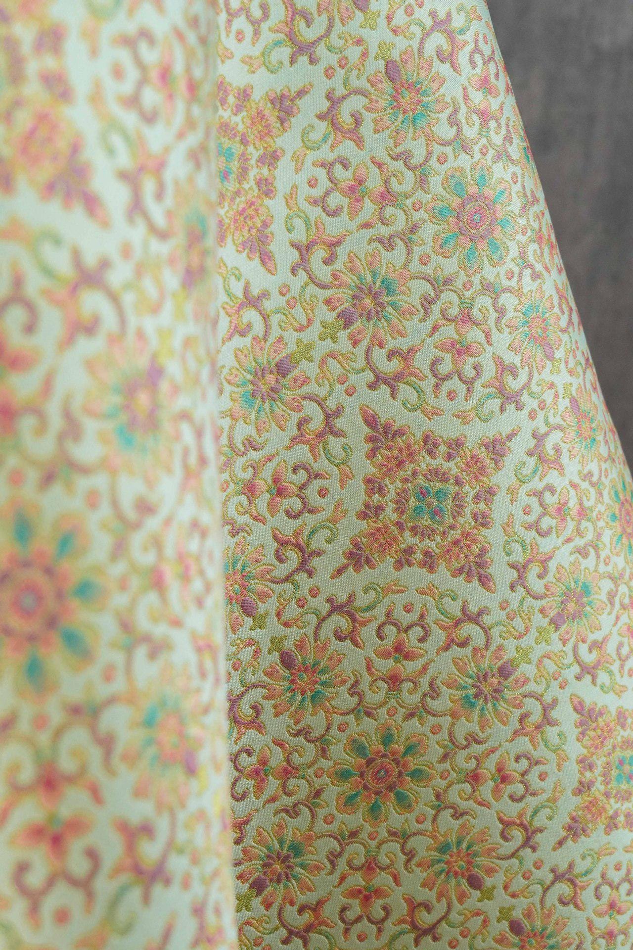 Dunhuang Floral Jacquard Fabric Gold Thread | Scrolling Vine Brocade | Double Sided | 58" Wide | Chinese Decor Hanfu - Poppylollipop