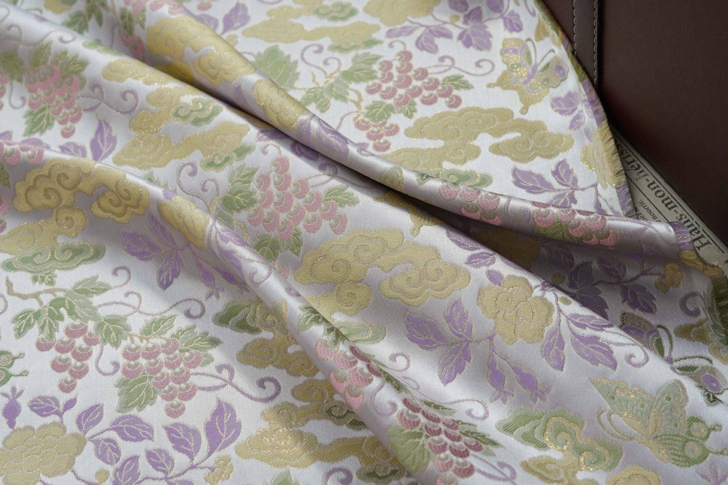 Grape Butterfly song Brocade Fabric, Luxury Gold Thread Jacquard, Premium Oriental Silk Woven Textile for Couture & Sewing - 1 Meter - Poppylollipop