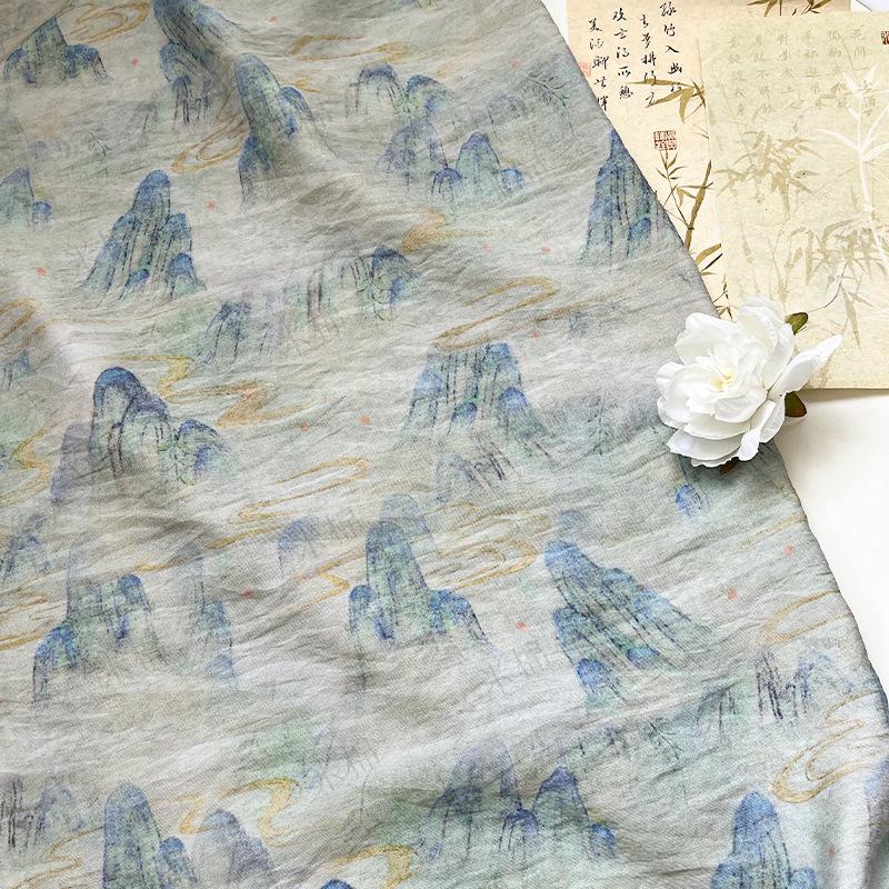Misty Mountain Ink Wash Print Cotton Fabric By The Yard | Chinese Landscape Painting Blue Green | Hanfu Dress Qipao Cottagecore Sewing - Poppylollipop