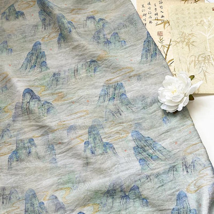 Misty Mountain Ink Wash Print Cotton Fabric By The Yard | Chinese Landscape Painting Blue Green | Hanfu Dress Qipao Cottagecore Sewing - Poppylollipop