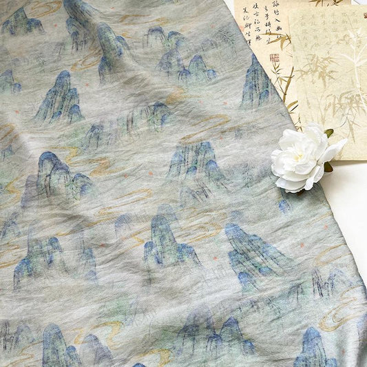 Misty Mountain Ink Wash Print Cotton Fabric By The Yard | Chinese Landscape Painting Blue Green | Hanfu Dress Qipao Cottagecore Sewing - Poppylollipop