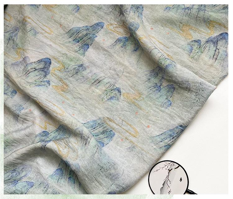 Misty Mountain Ink Wash Print Cotton Fabric By The Yard | Chinese Landscape Painting Blue Green | Hanfu Dress Qipao Cottagecore Sewing - Poppylollipop
