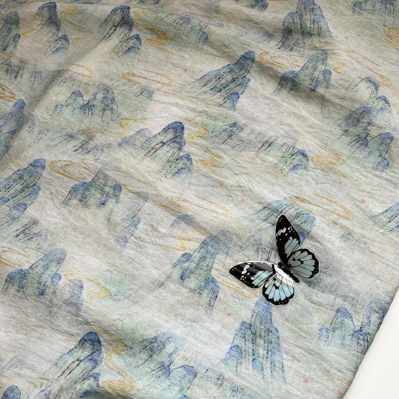 Misty Mountain Ink Wash Print Cotton Fabric By The Yard | Chinese Landscape Painting Blue Green | Hanfu Dress Qipao Cottagecore Sewing - Poppylollipop
