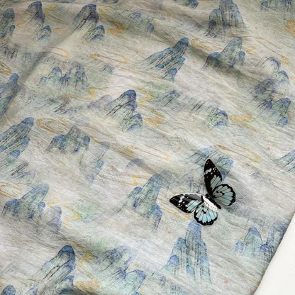 Misty Mountain Ink Wash Print Cotton Fabric By The Yard | Chinese Landscape Painting Blue Green | Hanfu Dress Qipao Cottagecore Sewing - Poppylollipop