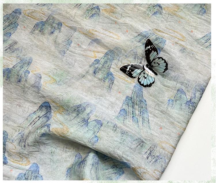Misty Mountain Ink Wash Print Cotton Fabric By The Yard | Chinese Landscape Painting Blue Green | Hanfu Dress Qipao Cottagecore Sewing - Poppylollipop