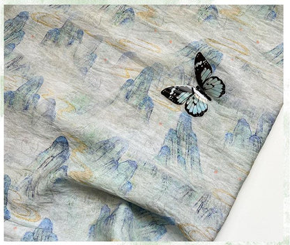 Misty Mountain Ink Wash Print Cotton Fabric By The Yard | Chinese Landscape Painting Blue Green | Hanfu Dress Qipao Cottagecore Sewing - Poppylollipop